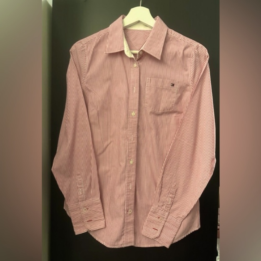Tommy Hilfiger Red and White Striped Long Sleeve Button-Down Shirt
